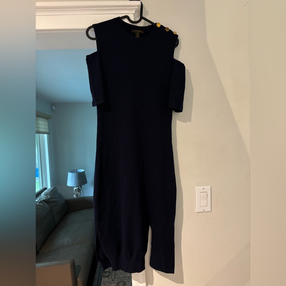 Sleeveless Navy Cold-Shoulder Midi Dress with Gold Buttons